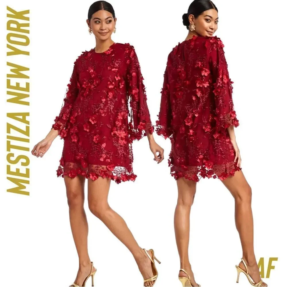 MESTIZA FLORAL MINI DRESS 3D PRINT IN DEEP RED NWT PARTY DRESS HOLIDAYS